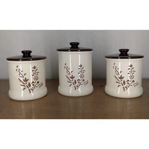 Vintage Holiday Designs USA Canister Set Of 3 Ceramic Brown White Floral Cut Out